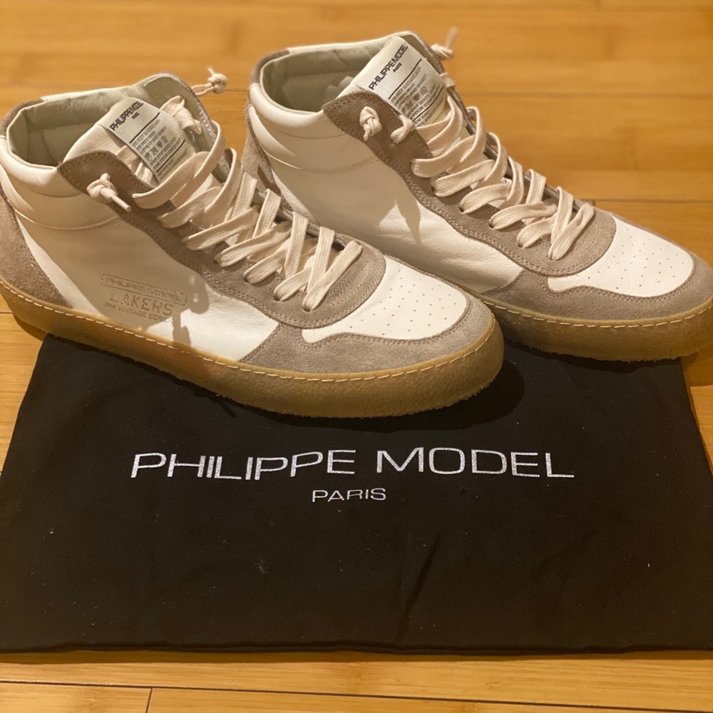 Philippe Model High Top Men’s Sneakers. Cream color with beige suede.